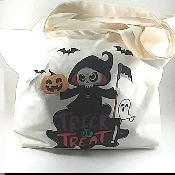 Halloween Bag Tote Treat Zipper Canvas Grim Reaper Large Colorful NEW 16… - Picture 1 of 8